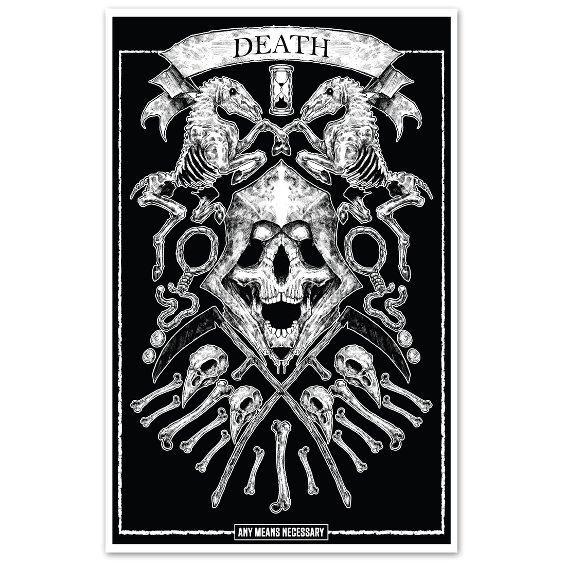 4 Horsemen Death poster by Any Means Necessary Clothing, featuring dark, detailed artwork of the four horsemen on an 11x17 inch print.