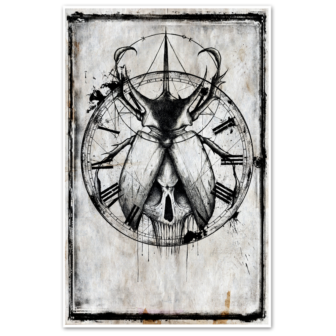 Death Beetle poster featuring detailed black and white artwork, perfect for wall decor from Any Means Necessary Clothing.