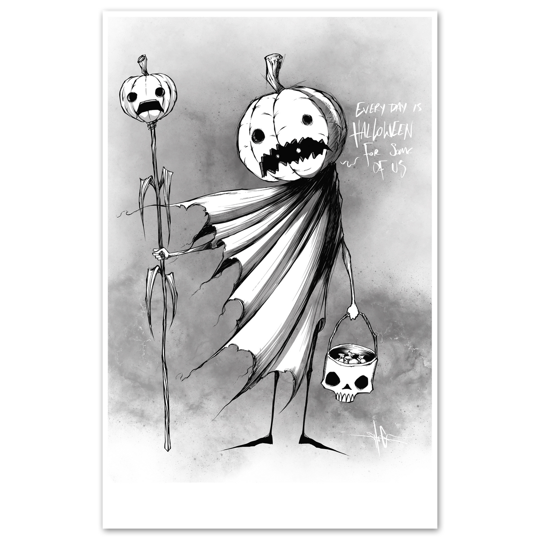 Colorful Halloween-themed poster featuring spooky designs and the "Everyday Halloween" print by Any Means Necessary Clothing.