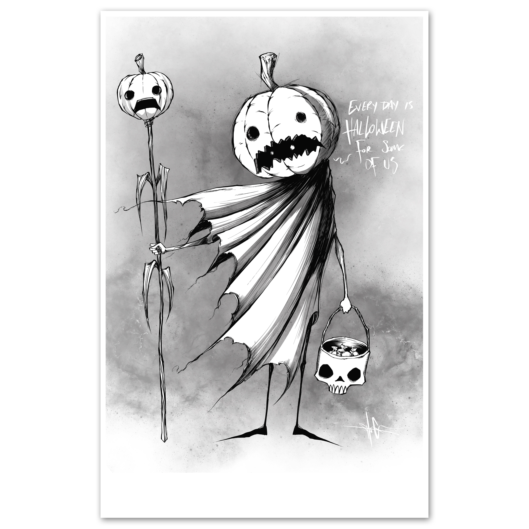 Colorful Halloween-themed poster featuring spooky designs and the "Everyday Halloween" print by Any Means Necessary Clothing.