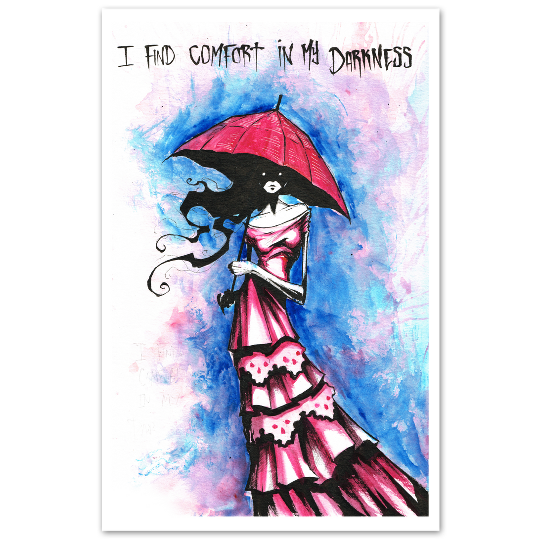 Any Means Necessary Clothing Find Comfort In Darkness 11x17 poster featuring dark, moody artwork with text and abstract design.