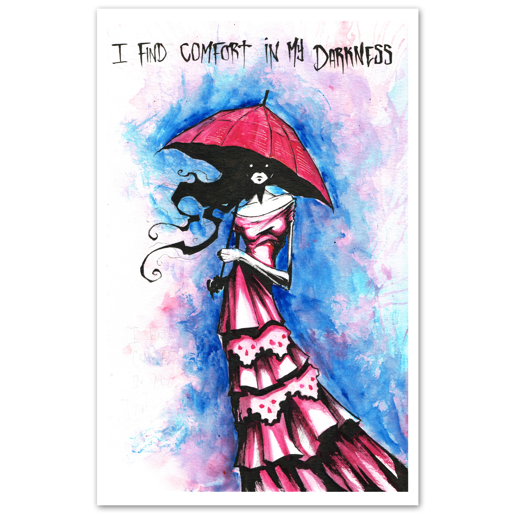 Any Means Necessary Clothing Find Comfort In Darkness 11x17 poster featuring dark, moody artwork with text and abstract design.