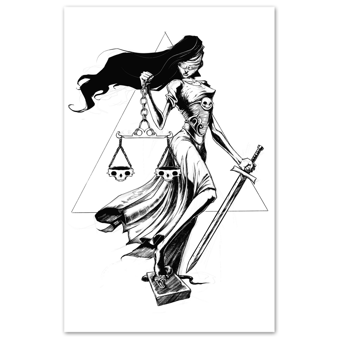 Justice print poster from Any Means Necessary Clothing featuring bold, artistic design on an 11x17 paper.