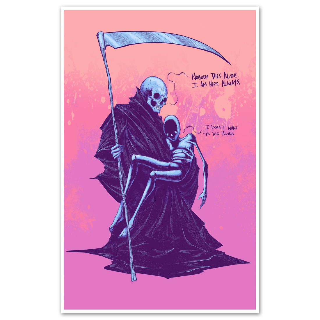 Nobody Dies Alone poster by Any Means Necessary Clothing featuring bold text and minimalist design on a white background.