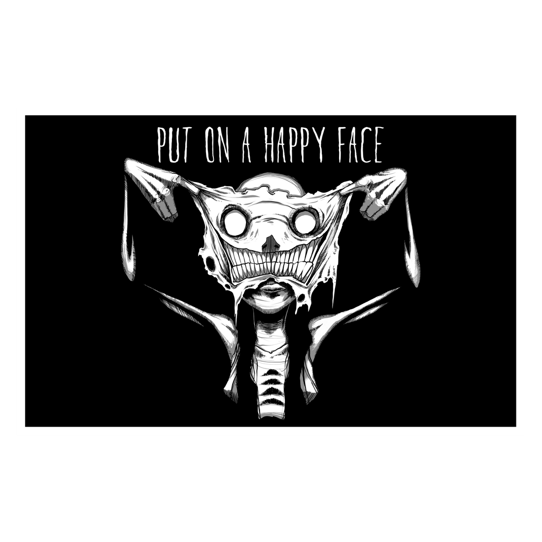 Put on a Happy Face poster by Any Means Necessary Clothing featuring a colorful, expressive face print on 11x17 paper.