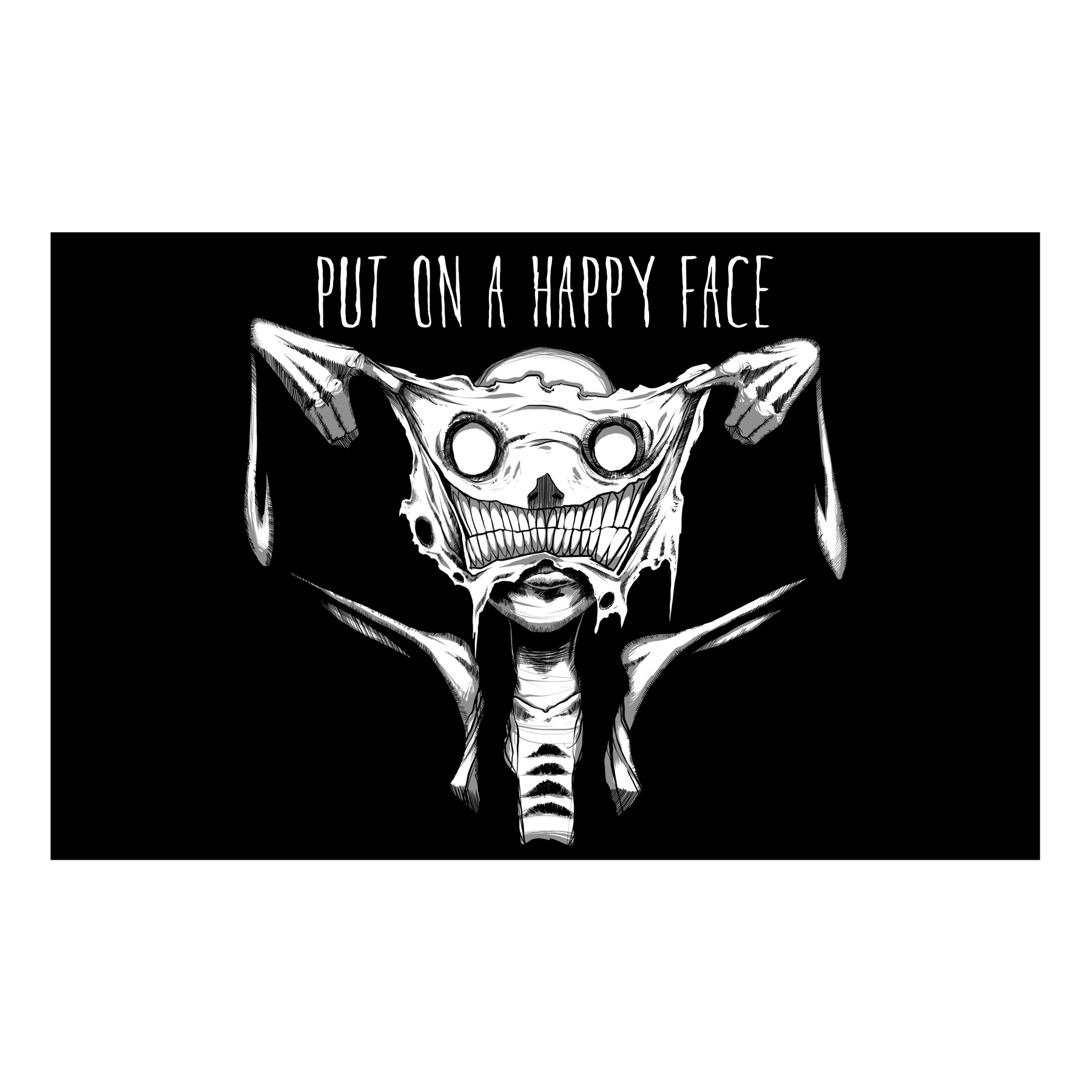 Put on a Happy Face poster by Any Means Necessary Clothing featuring a colorful, expressive face print on 11x17 paper.