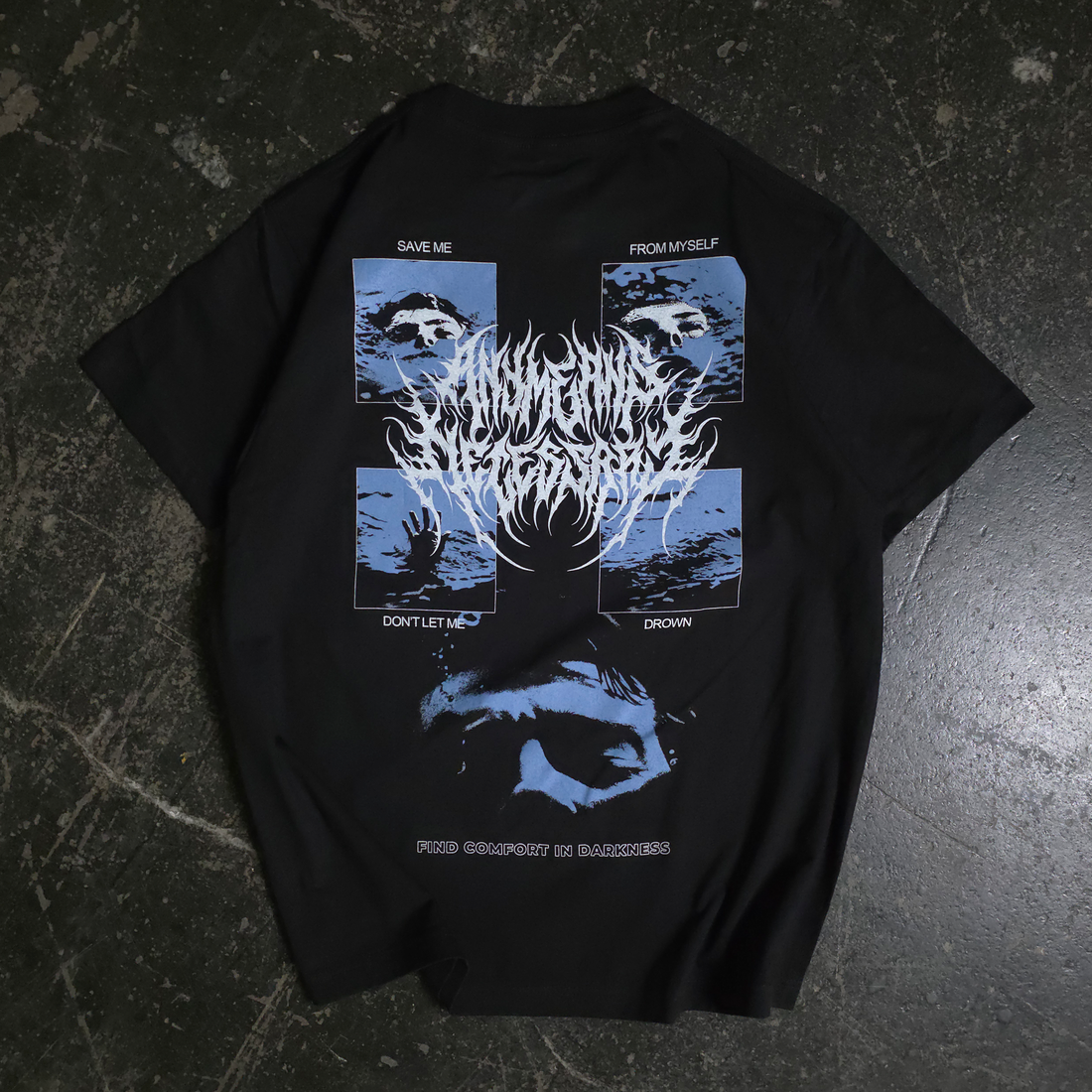 Black Drown T-Shirt by Any Means Necessary Clothing, showing the back design with graphic details and logo.