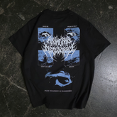 Black Drown T-Shirt by Any Means Necessary Clothing, showing the back design with graphic details and logo.