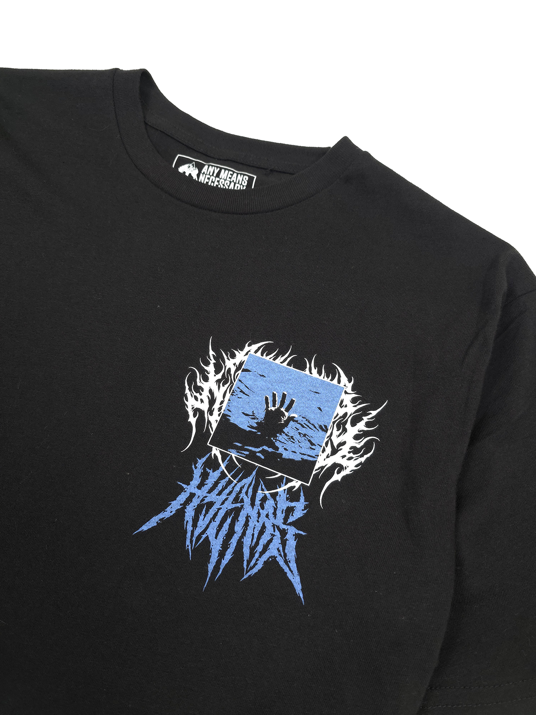 Black Drown T-Shirt from Any Means Necessary Clothing, featuring a close-up view of the shirt&