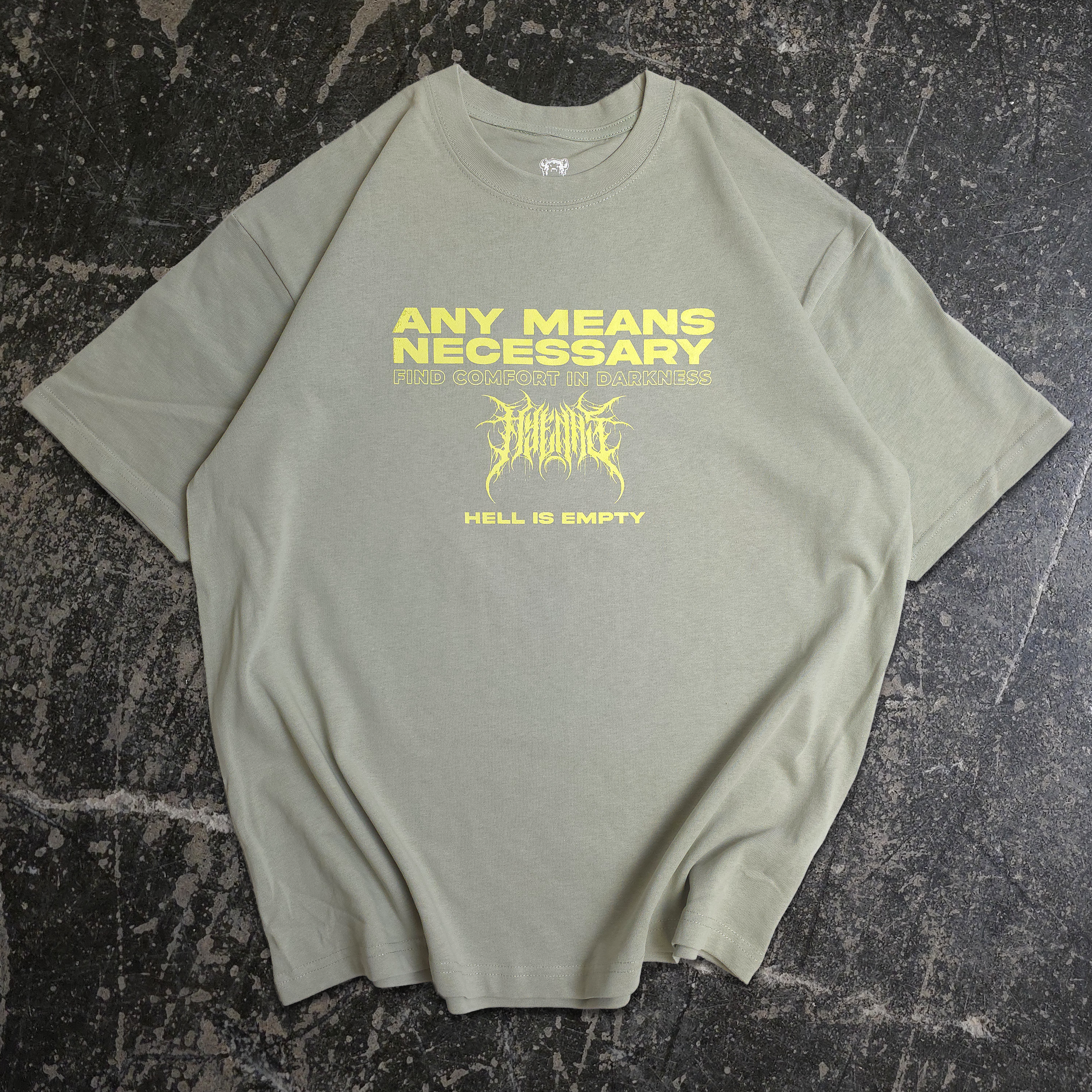 Sage green Hell is Empty T-Shirt by Any Means Necessary Clothing featuring a front graphic design.