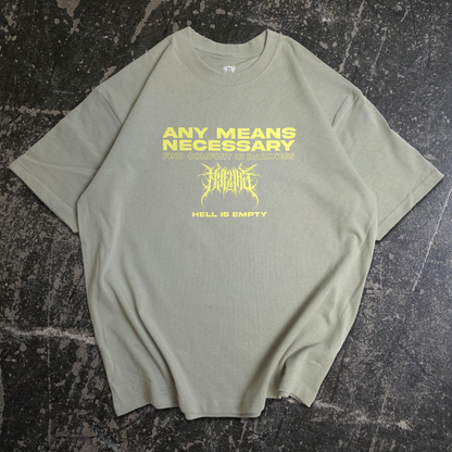 Sage green Hell is Empty T-Shirt by Any Means Necessary Clothing featuring a front graphic design.