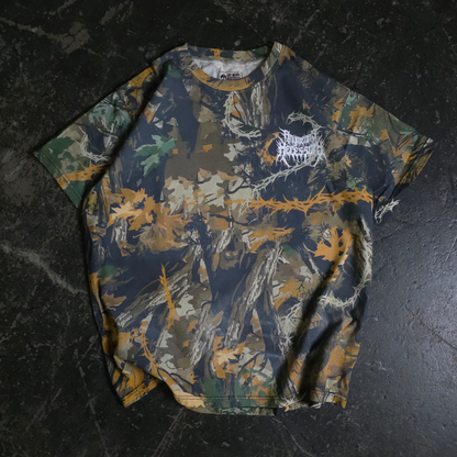 Mayhem T-Shirt from Rogue Woods by Any Means Necessary Clothing, featuring camouflage design on the front.