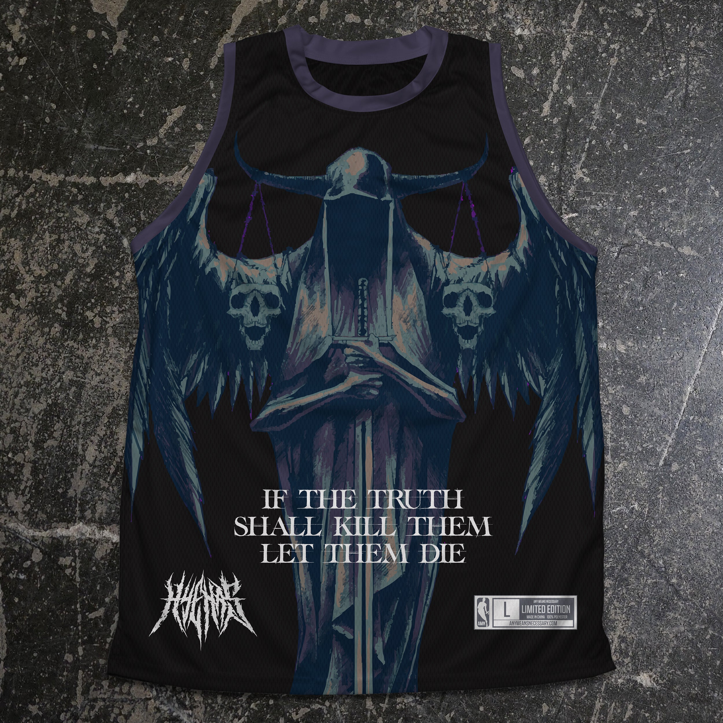 Front view of the Truth Shall Kill jersey shirt by Any Means Necessary Clothing featuring bold printed design.