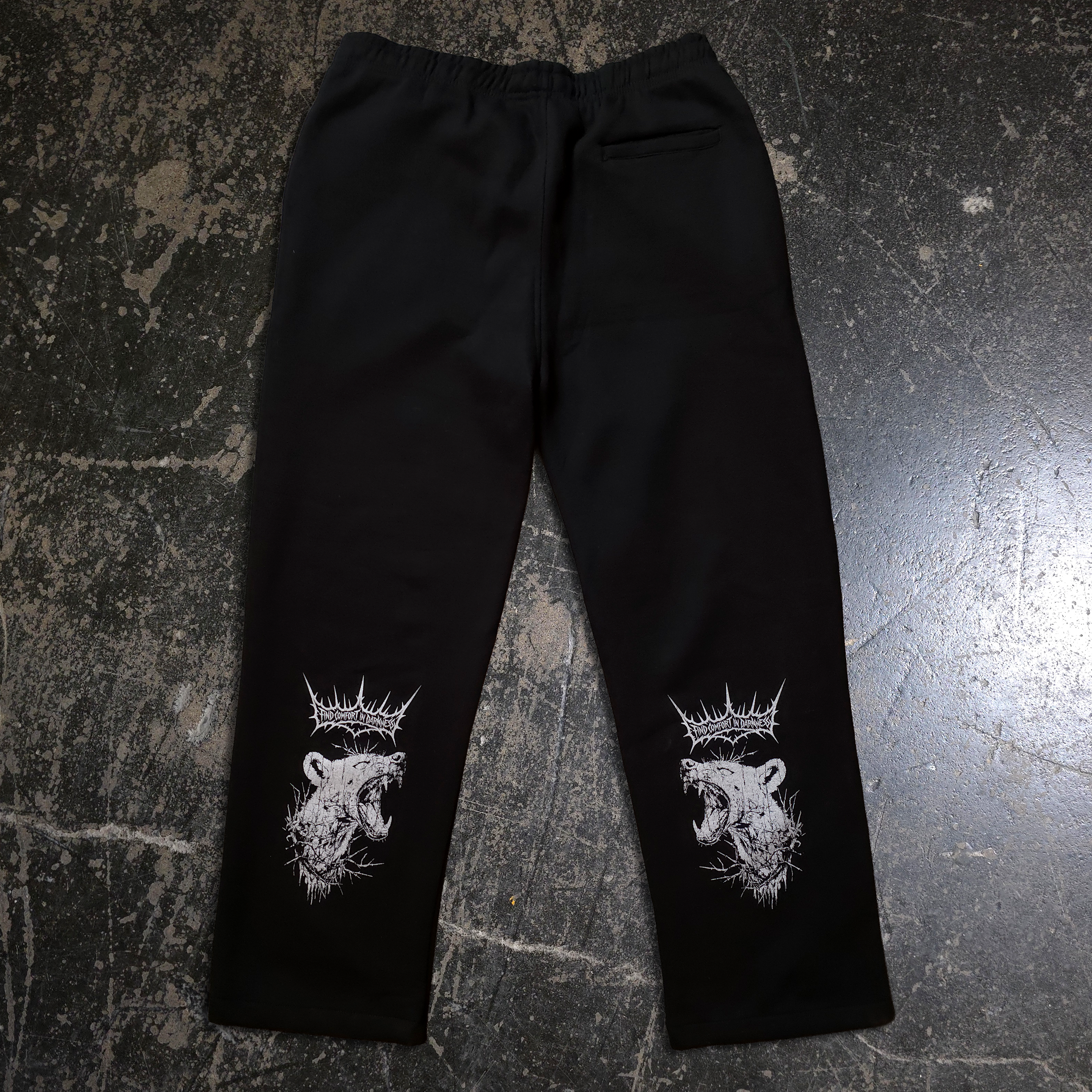 Back view of Any Means Necessary Clothing Mantra Sweatpants, comfortable casual sweatpants with a relaxed fit and drawstring waist.