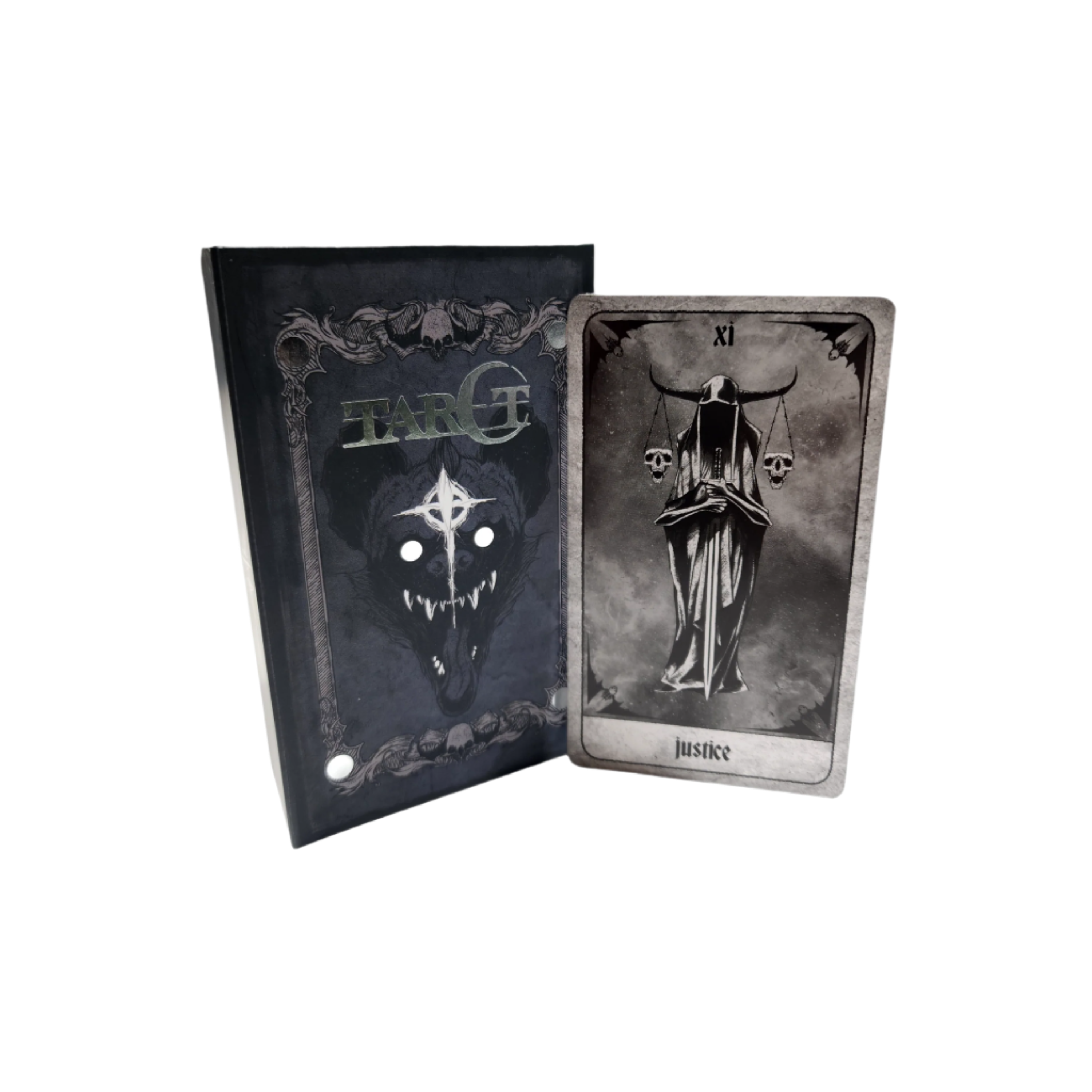 A set of tarot cards in a decorative box, featuring intricate designs and artwork from the Any Means Necessary Clothing tarot deck.