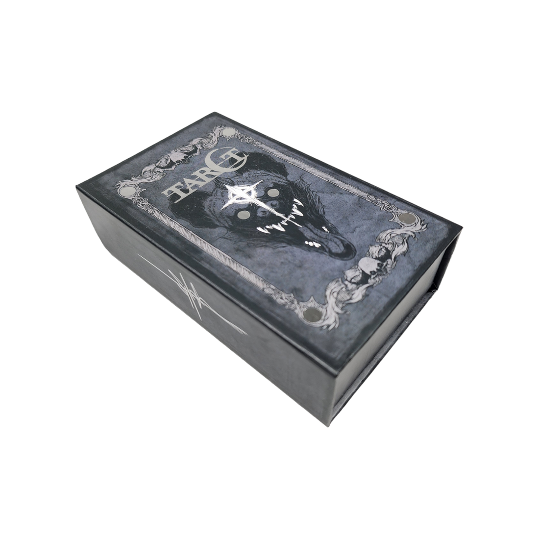 Deck of tarot cards in a decorative box, featuring intricate artwork from the Any Means Necessary Clothing Tarot Deck.