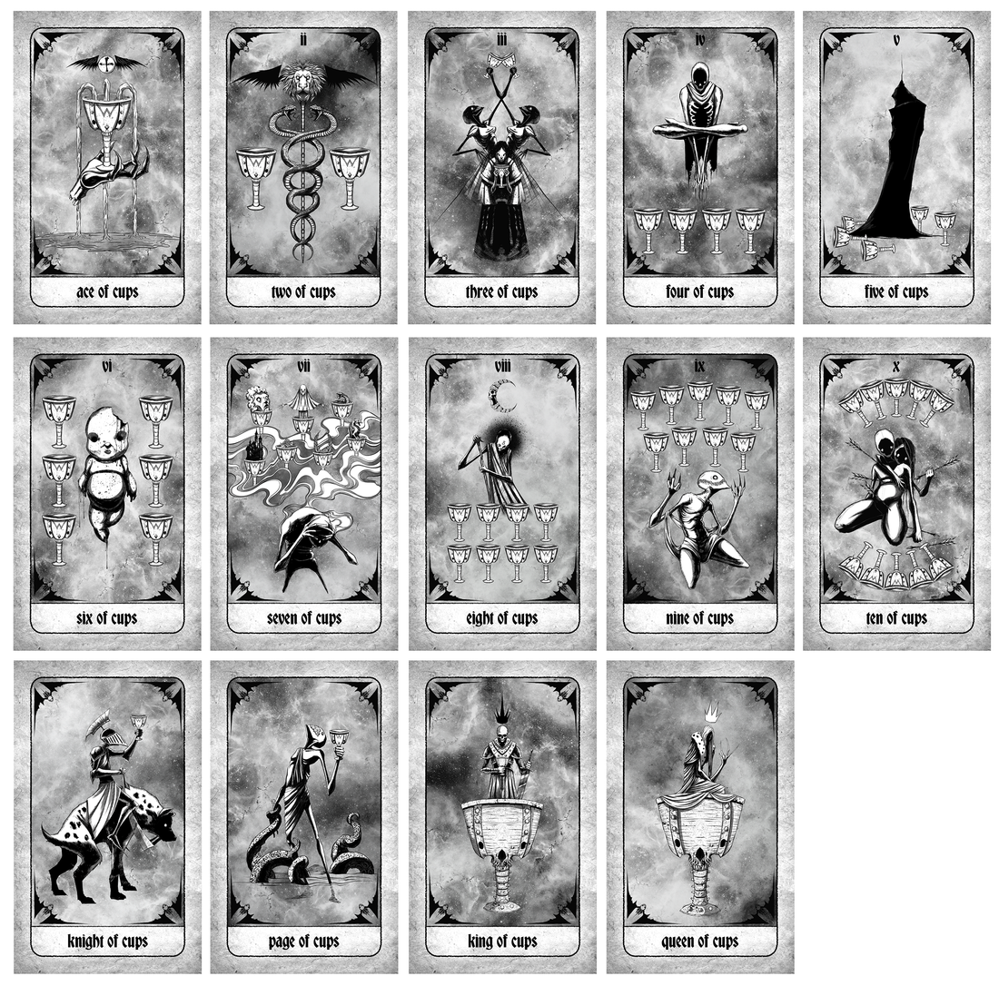 Minor Arcana Cups tarot cards from Any Means Necessary Clothing Tarot Deck, featuring colorful card illustrations.