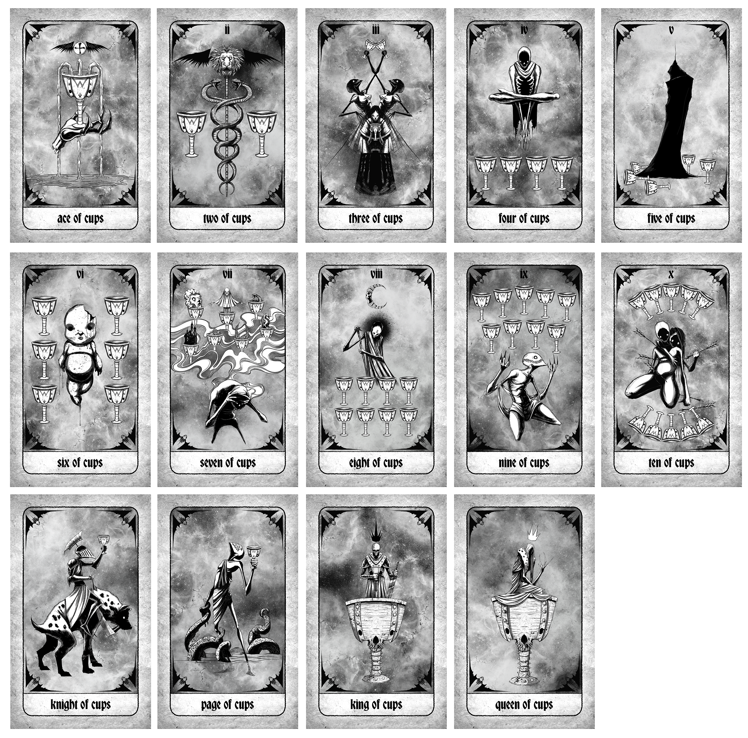 Minor Arcana Cups tarot cards from Any Means Necessary Clothing Tarot Deck, featuring colorful card illustrations.