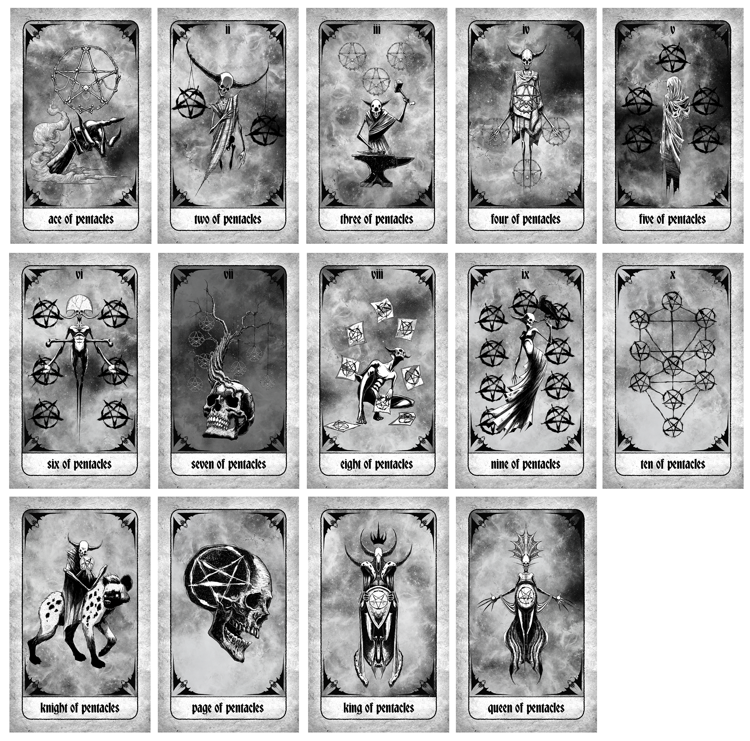 Minor Arcana Pentacles tarot cards from the Any Means Necessary Clothing tarot deck, featuring detailed pentacle illustrations.