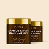 Maree Argan Oil and Biotin Hair Repair Mask in a jar, showcasing the nourishing formula for damaged hair.