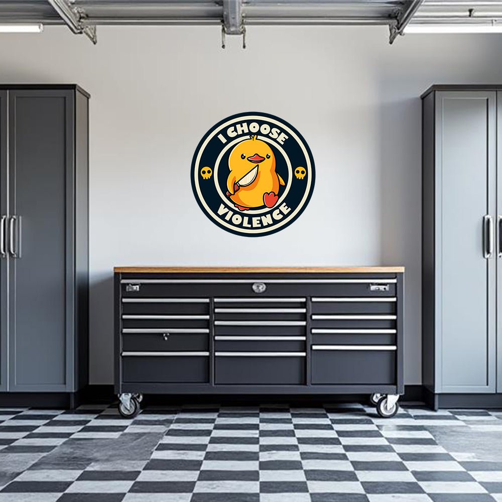 Armed American Supply "I Choose Violence" garage wall decal with bold black lettering on a white background.