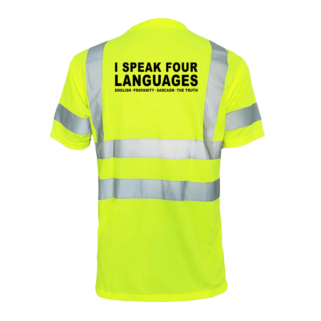 Reflective safety T-shirt by Armed American Supply featuring four languages and high-visibility reflective strips.