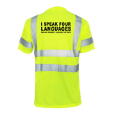 Reflective safety T-shirt by Armed American Supply featuring four languages and high-visibility reflective strips.