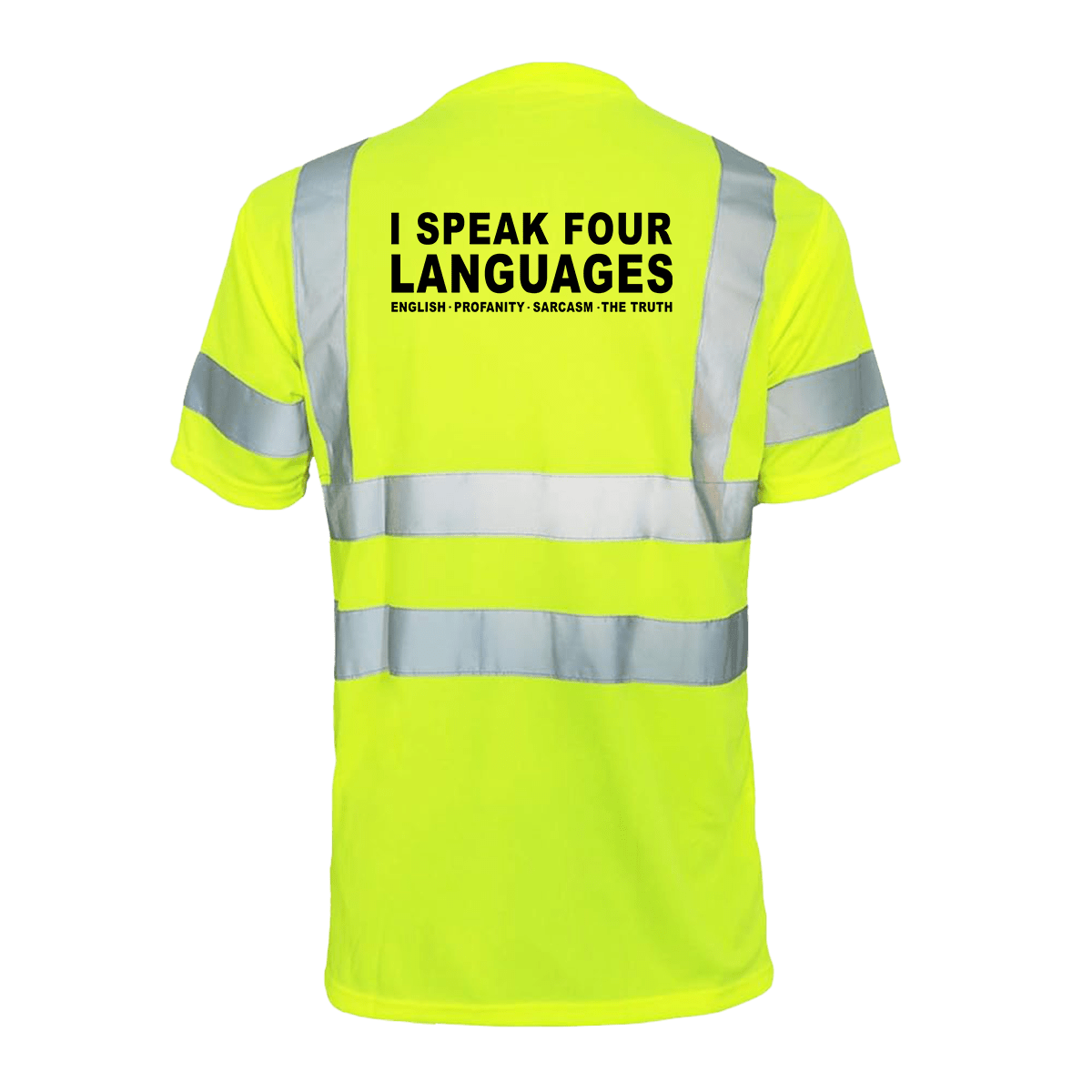 Reflective safety T-shirt by Armed American Supply featuring four languages and high-visibility reflective strips.