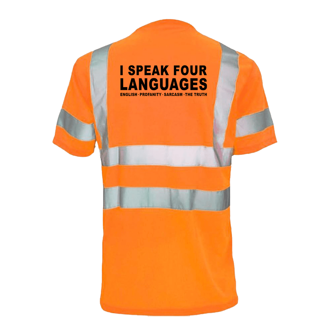 Reflective safety T-shirt by Armed American Supply, featuring four languages and high-visibility reflective material.