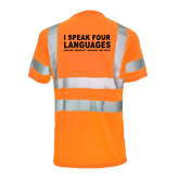 Reflective safety T-shirt by Armed American Supply, featuring four languages and high-visibility reflective material.