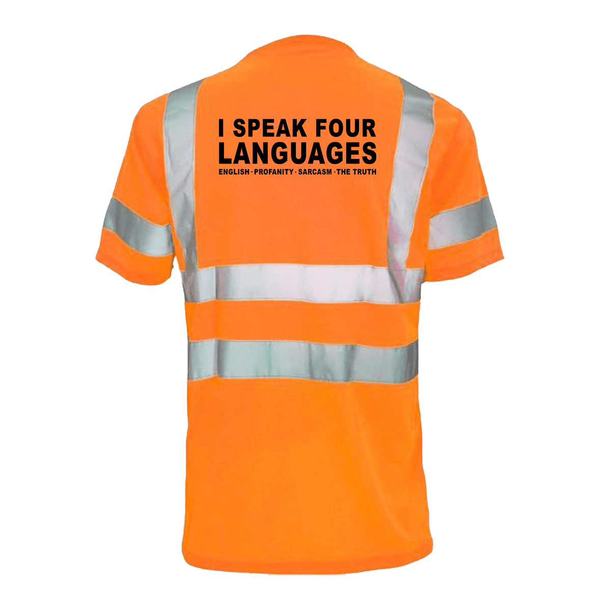 Reflective safety T-shirt by Armed American Supply, featuring four languages and high-visibility reflective material.