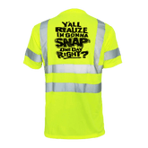 Reflective safety T-shirt by Armed American Supply featuring high-visibility reflective strips on a black fabric background.
