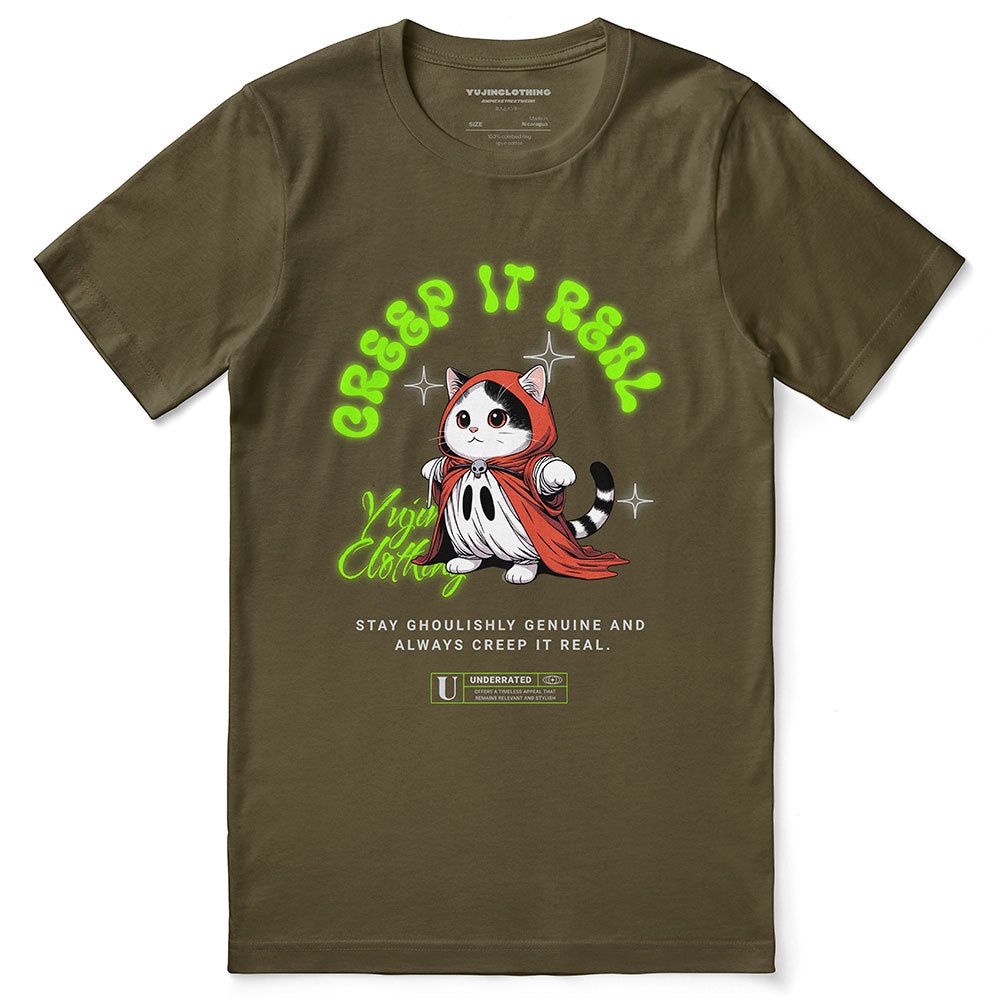 Yūjin Clothing Creep It Real cat graphic T-shirt in black, featuring a spooky cat design and casual fit for feline lovers.