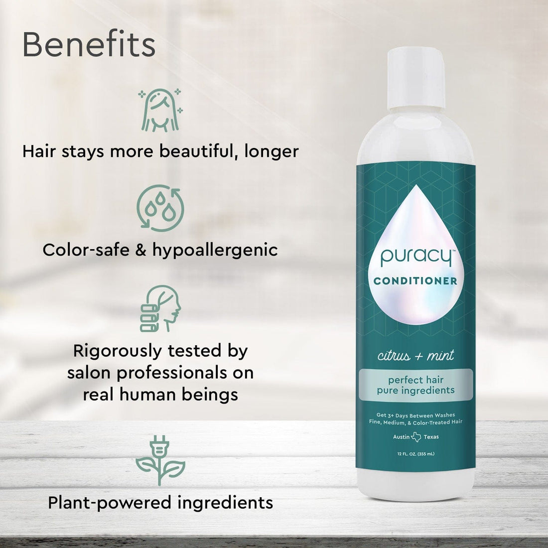 Puracy silicone-free conditioner with dimethicone and sulfate-free formula, shown in a sleek bottle with a pump dispenser.