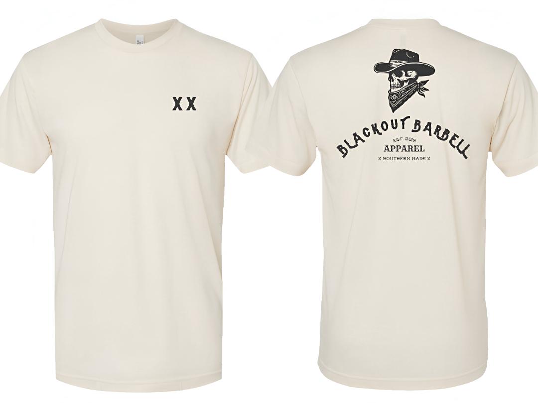 Blackout Barbell Desperado T-shirt featuring a bold graphic design on the front, casual fit, and comfortable fabric.