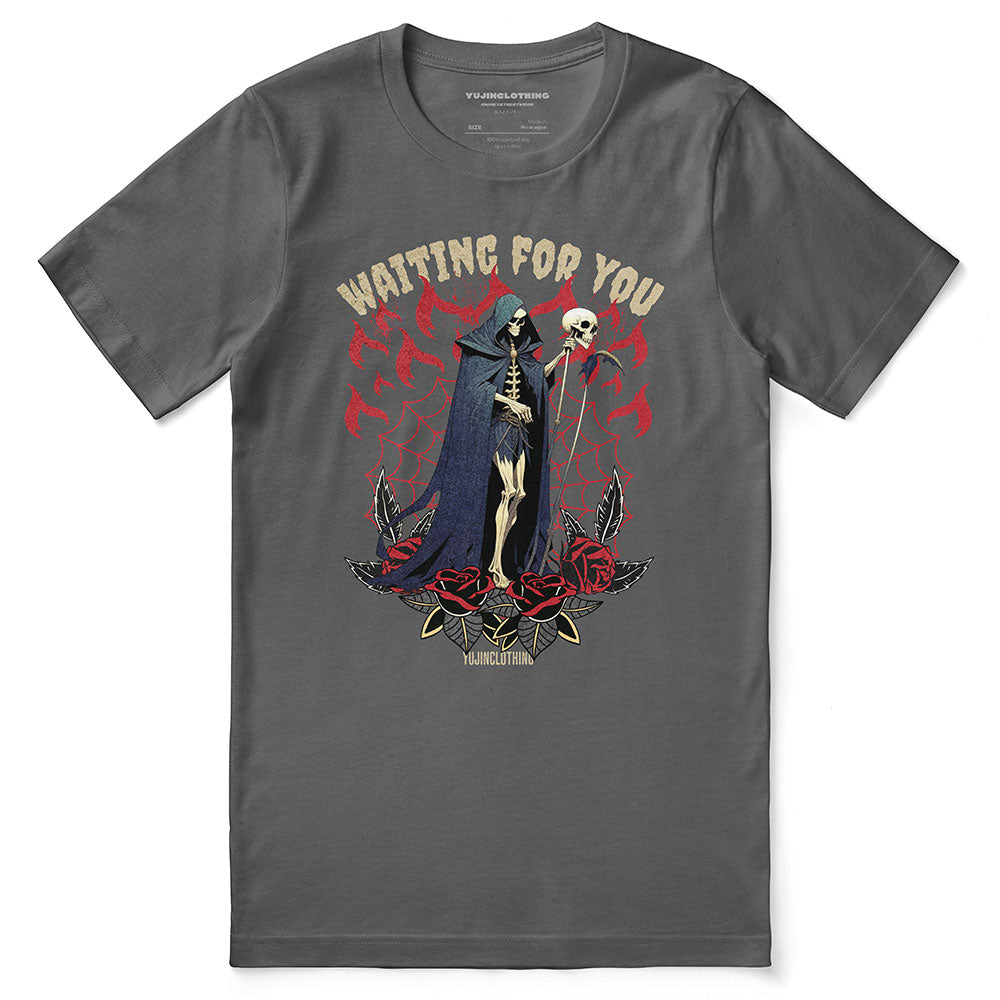Black Grim Reaper T-Shirt by Yūjin Clothing featuring a detailed spooky reaper graphic on front.