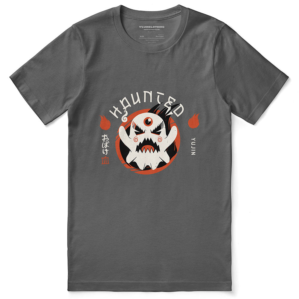 Black Haunted T-Shirt by Yūjin Clothing featuring spooky ghostly graphics and eerie design on soft cotton fabric.