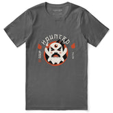 Black Haunted T-Shirt by Yūjin Clothing featuring spooky ghostly graphics and eerie design on soft cotton fabric.