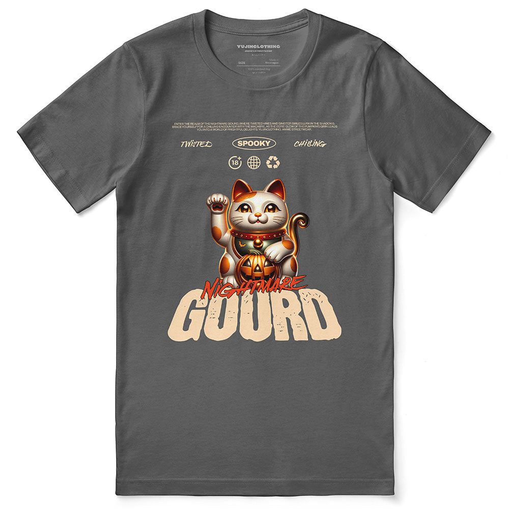 Yūjin Clothing Gourd Nightmare Cat T-Shirt featuring a spooky cat graphic on a casual black T-shirt.