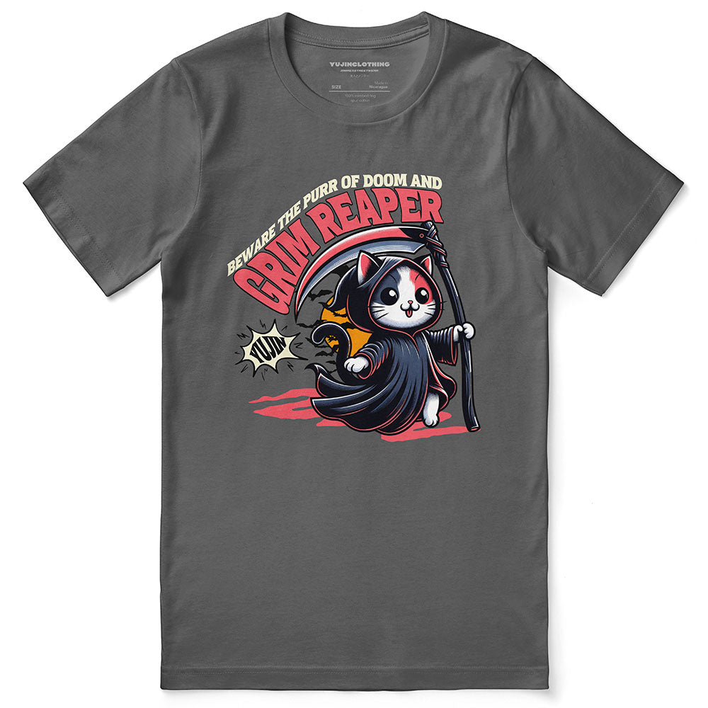 Black Grim Reaper cat T-Shirt by Yūjin Clothing featuring a spooky cat design in a gothic style.