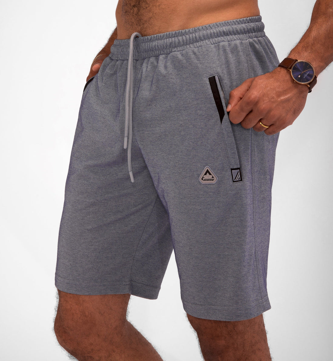 Grey SCR Sportswear Urban Stride all-day wear shorts with 11-inch inseam and zipper pockets, designed for athletic comfort.