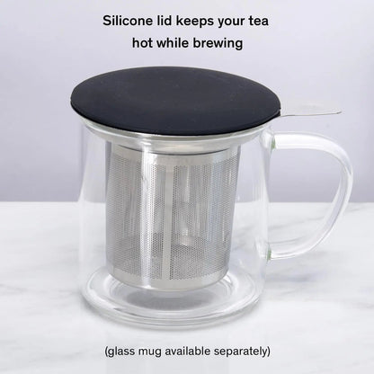 August Uncommon Tea One Cup Infuser in a mug with lid, easy-to-use tea infuser for brewing loose leaf tea.