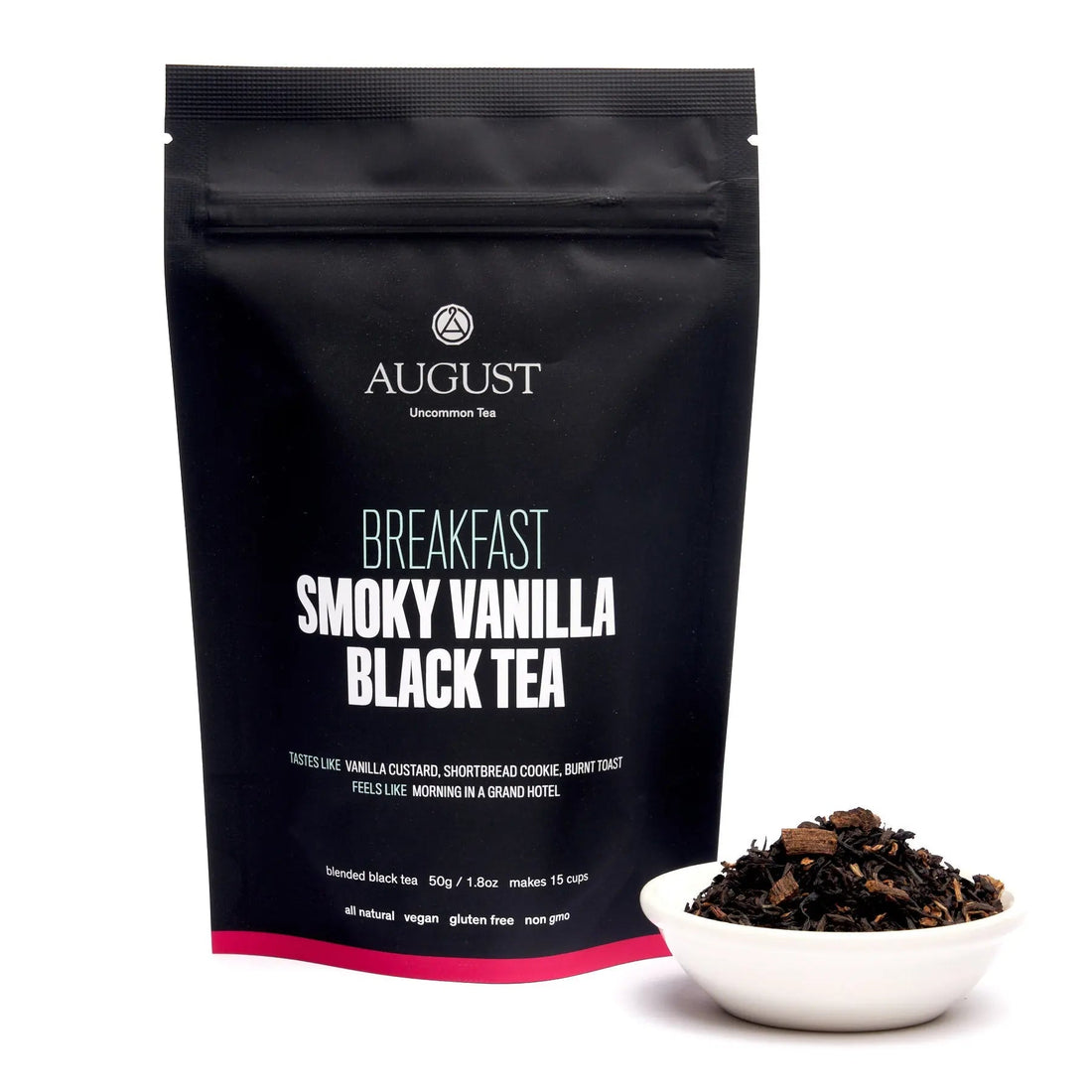 August Uncommon Tea smoky vanilla black tea in a 15-cup bag, ready for brewing, with dark tea leaves and vanilla flavor hints.