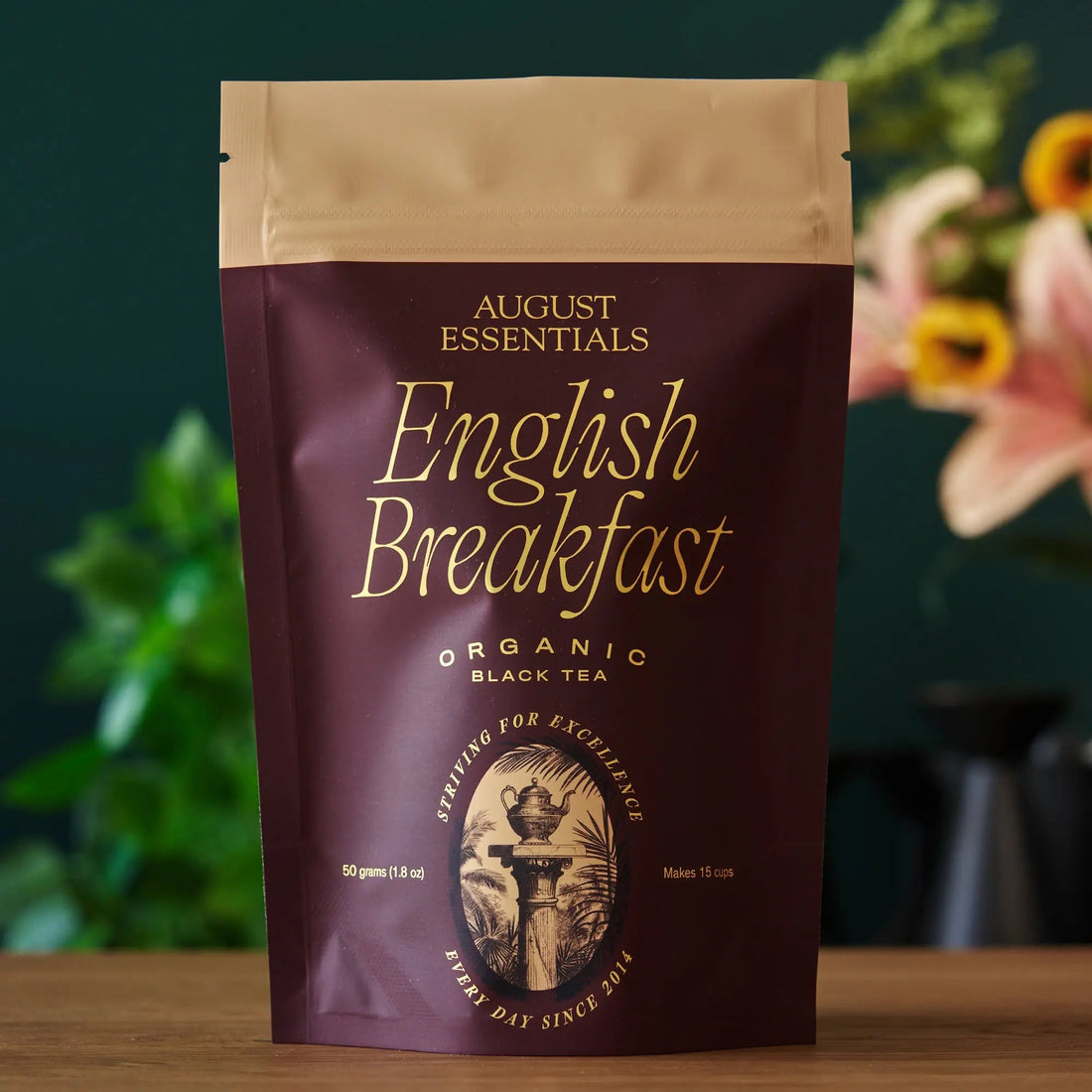 August Uncommon Tea Essentials English Breakfast Black Tea in a 15-cup tea bag, ready for brewing.