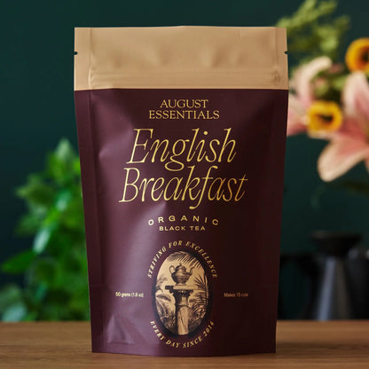 August Uncommon Tea Essentials English Breakfast Black Tea in a 15-cup tea bag, ready for brewing.