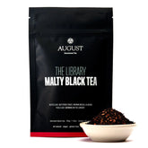 A 15-cup bag of The Library Malty Black Tea by August Uncommon Tea, showcasing the black tea packaging with branding and product details.