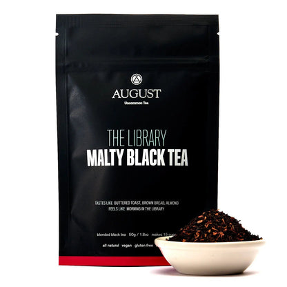 A 15-cup bag of The Library Malty Black Tea by August Uncommon Tea, showcasing the black tea packaging with branding and product details.
