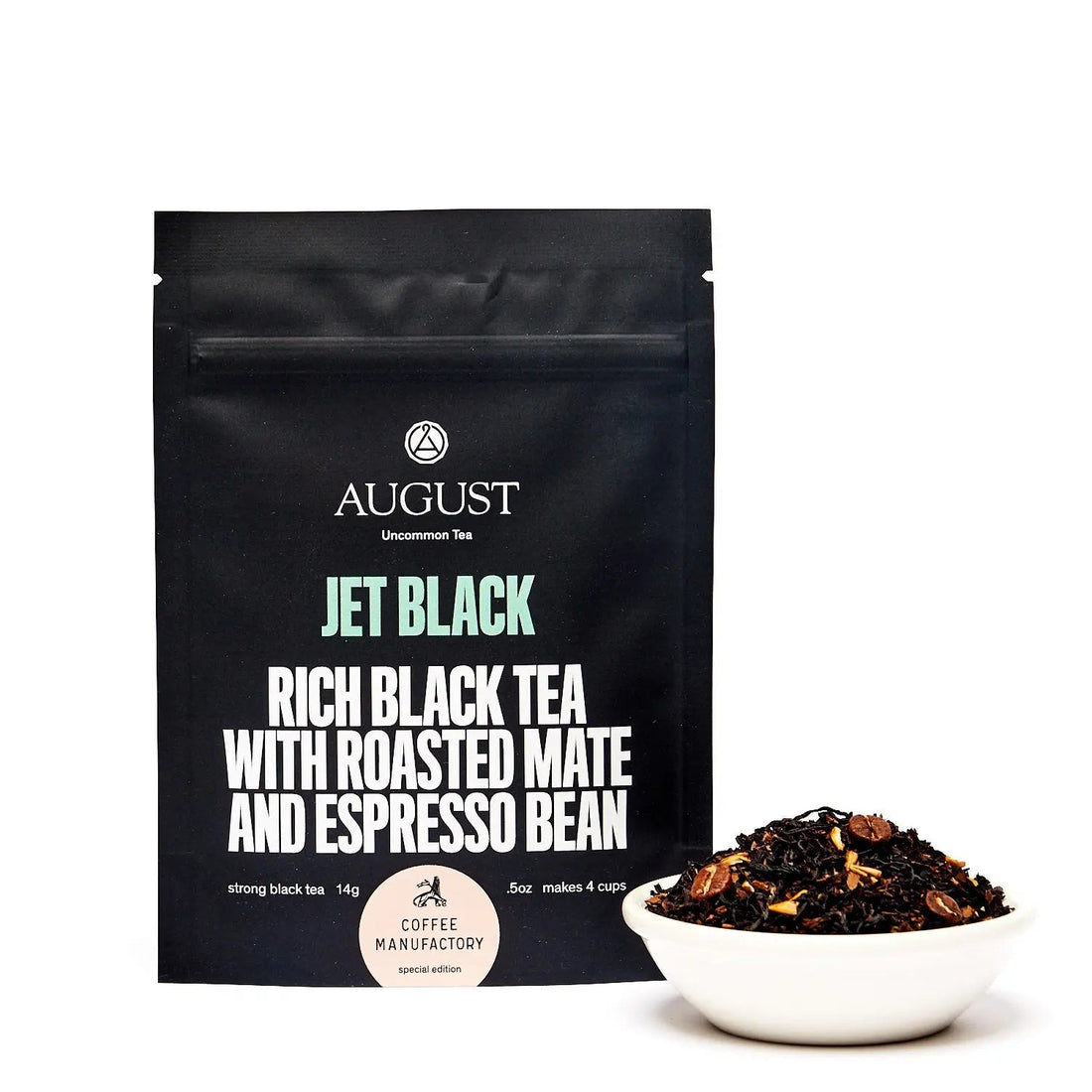 Jet Black Roasty Coffee Black Tea in four cups, brewed beverage with dark color, by August Uncommon Tea.