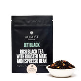 Jet Black Roasty Coffee Black Tea in four cups, brewed beverage with dark color, by August Uncommon Tea.