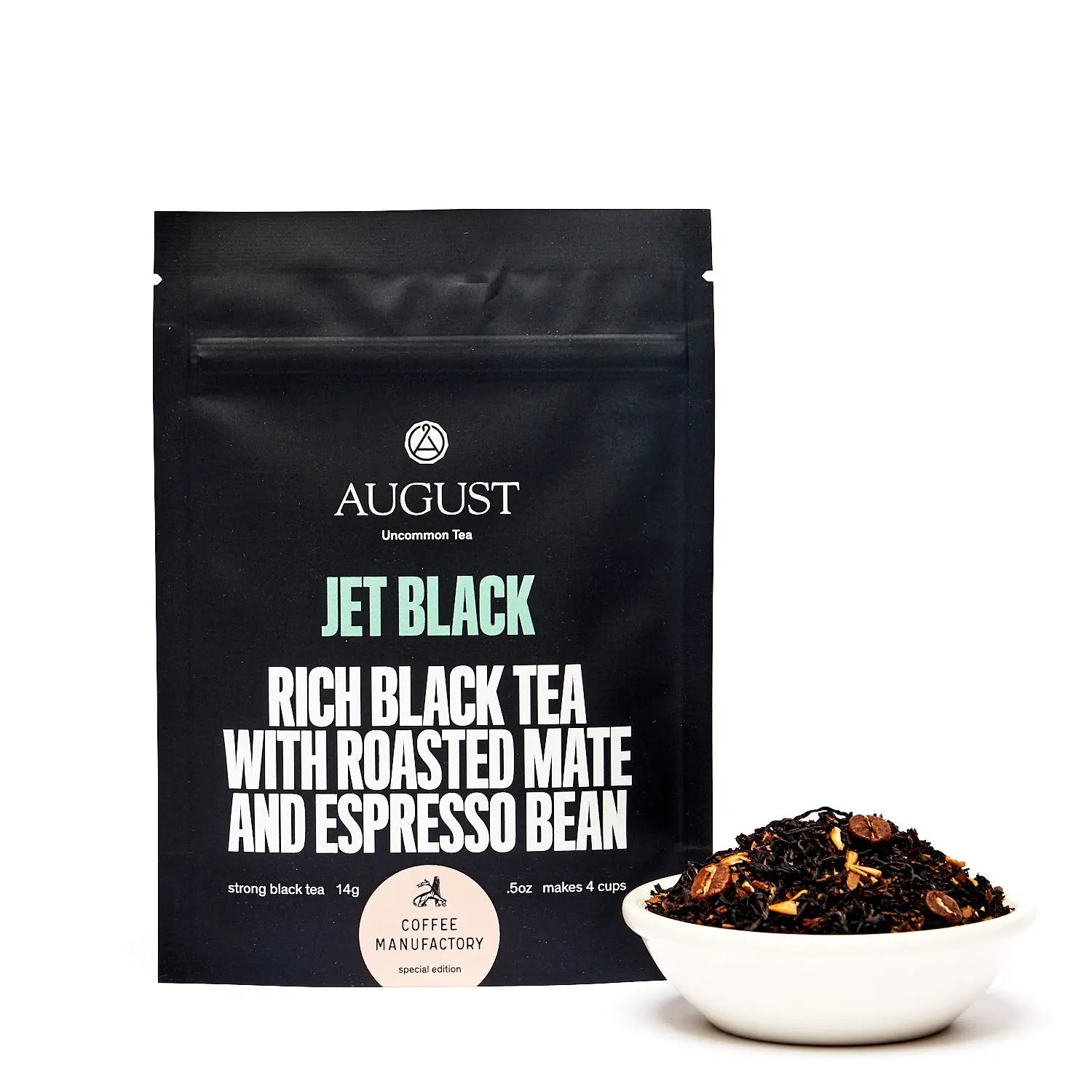 Jet Black Roasty Coffee Black Tea in four cups, brewed beverage with dark color, by August Uncommon Tea.